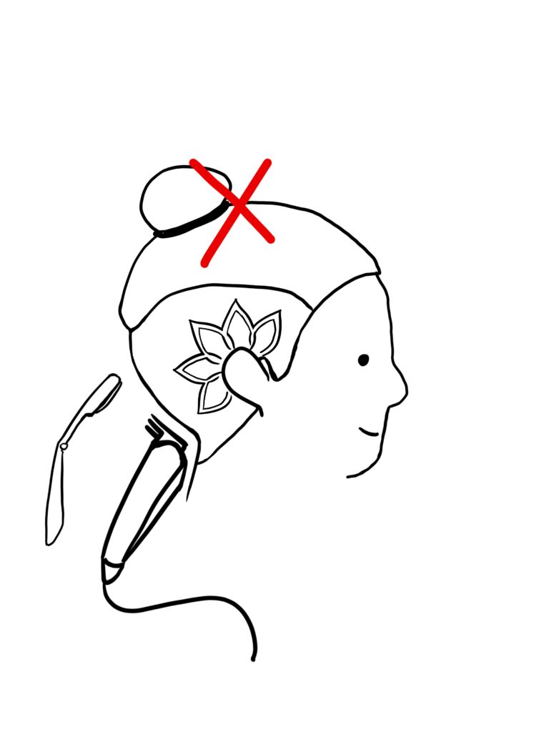 A drawing of a person getting a full haircut including a shaved pattern