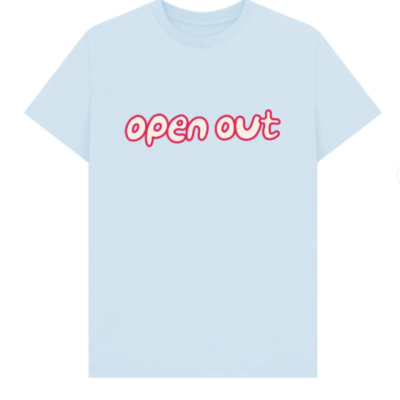sky blue t-shirt with standard size Open Out logo across the front in pink outline writing with white text