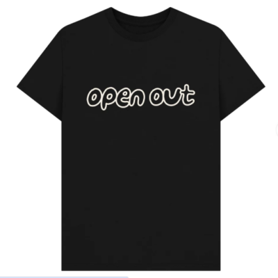 dark t shirt with standard sized Open Out logo on the front in white outline lettering.