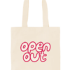 tote bag with Open Out logo printed in white text outlined in pink.