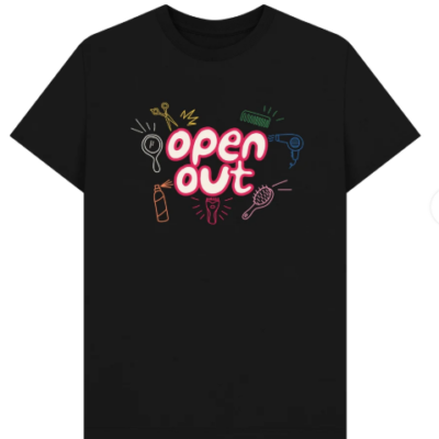 big pink Open Out logo being pampered by various simply drawn hairdressing tools in an assortment of colours on a black t-shirt