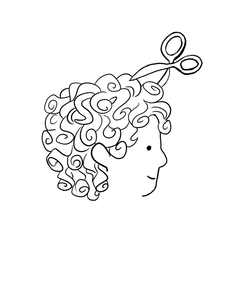 A drawing of a person getting a cury hair scissor trim (no clippers)