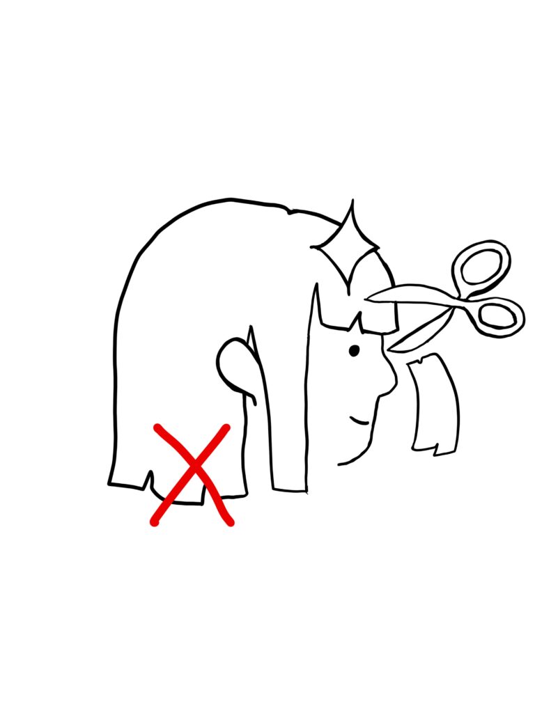 A drawing of a person getting a new fringe cut in 