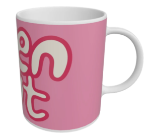 White mug with pink body printed with big Open Out logo around it