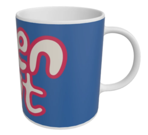 White mug with blue body printed with big Open Out logo around it