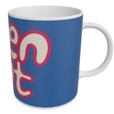 White mug with blue body printed with big Open Out logo around it