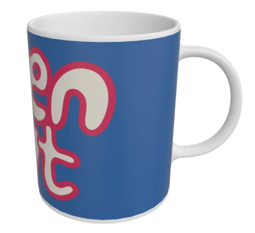 White mug with blue body printed with big Open Out logo around it