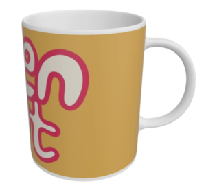 White mug with yellow body printed with big Open Out logo around it