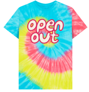 big new Open Out logo with pink lines and white lettering on tie dye t-shirt