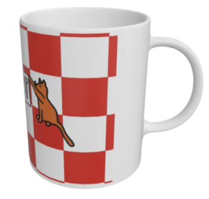Marblehead designed mug with ginger kitten displaying new logo on red and white checked background