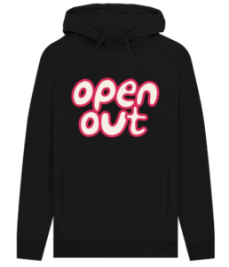 black hoodie with Open Out logo