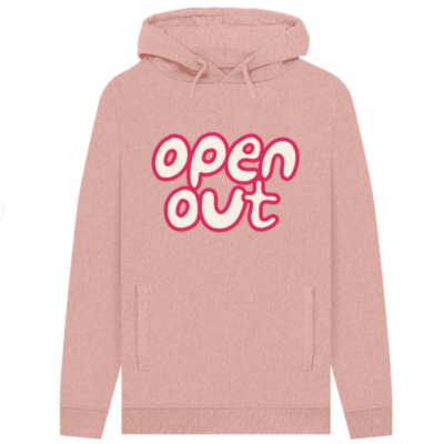 sunset pink hoodie with 2 pockets and Open Out stacked version logo on the front