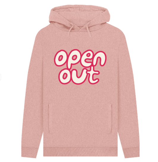 sunset pink hoodie with 2 pockets and Open Out stacked version logo on the front