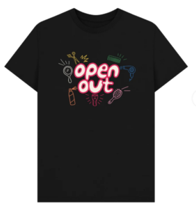 big pink Open Out logo being pampered by various simply drawn hairdressing tools in an assortment of colours on a black t-shirt