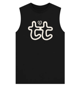 black sleeveless tshirt with white "t4t" using Open Out logo letter "t"